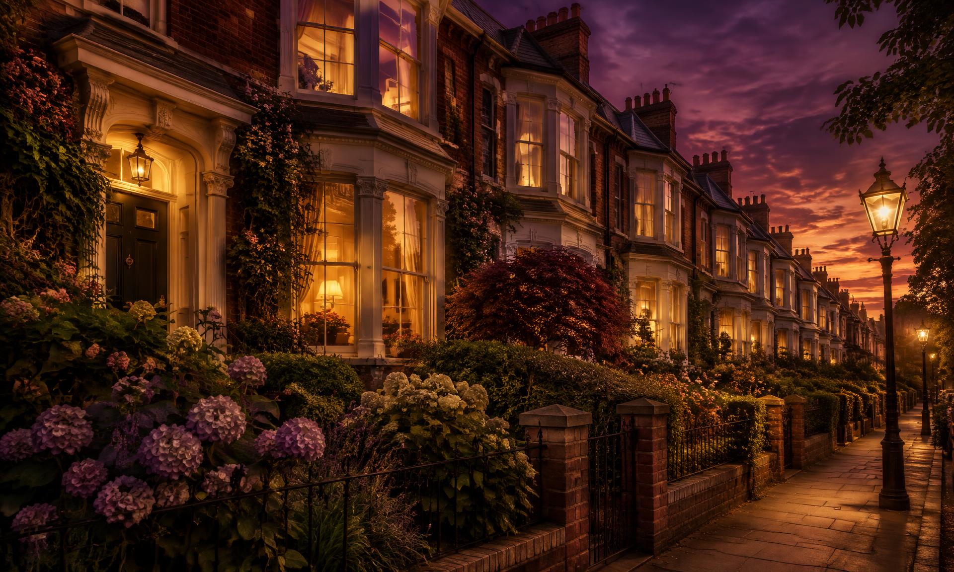 A row of characterful brick houses at dusk with warm light in the windows