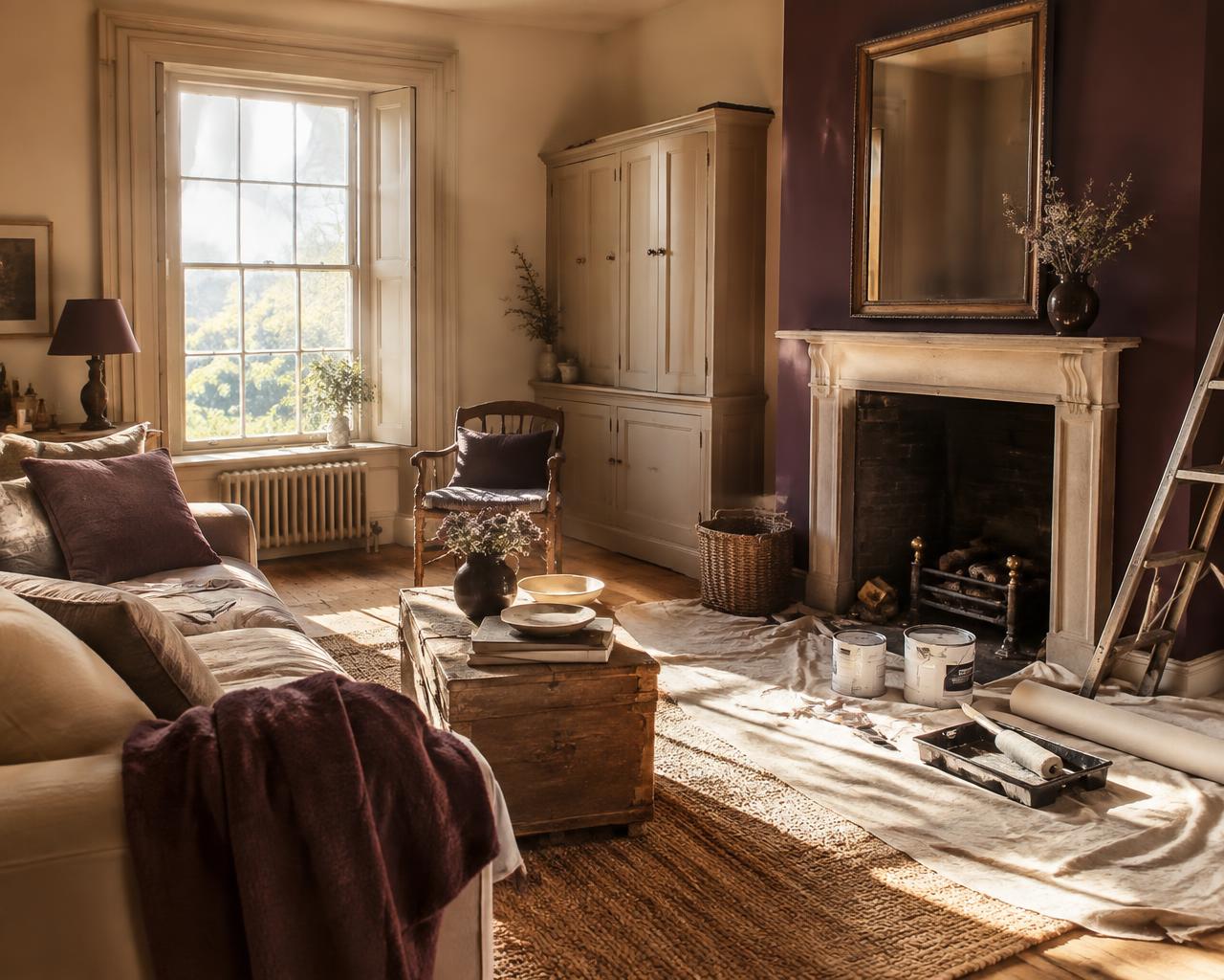 A characterful living room being carefully restored, bathed in golden light